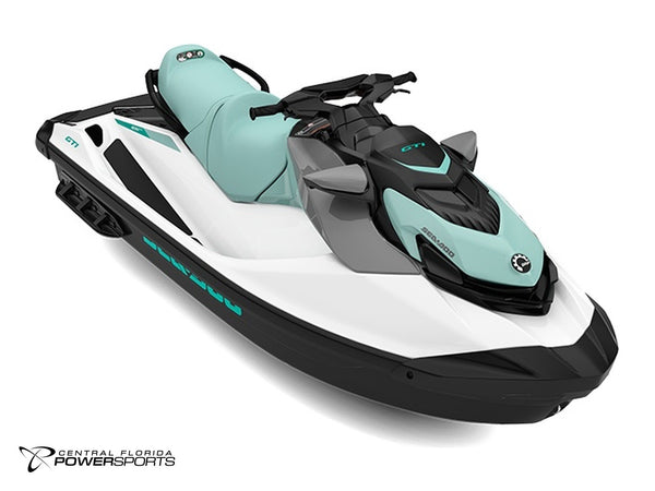 2027 Sea-Doo GTI 130 three-quarter front view in Bright White & Neo Mint | Central Florida PowerSports Kissimmee