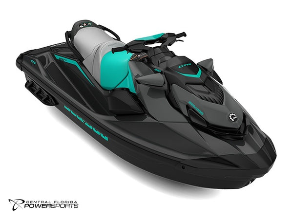 2027 Sea-Doo GTR 230 three-quarter front view in Eclipse Black & Reef Blue | Central Florida PowerSports Kissimmee