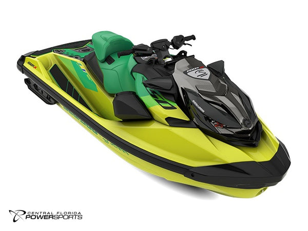 2027 Sea-Doo RXP-X Senna 350 three-quarter front view in Racing Yellow & Amazon Green | Central Florida PowerSports Kissimmee
