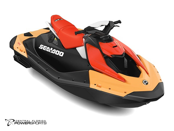 2027 Sea-Doo Spark for 2 three-quarter front view in Sunrise Orange & Dragon Red | Central Florida PowerSports Kissimmee