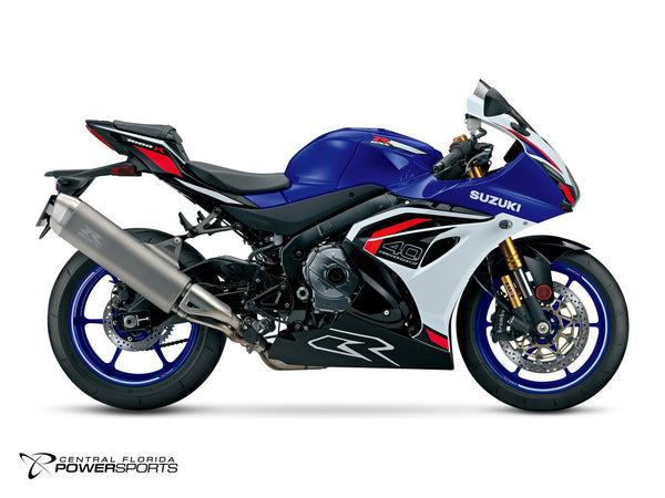 2027 Suzuki GSX-R1000R 40th Anniversary Edition in Pearl Vigor Blue / Pearl Tech White - side profile studio photo, facing right