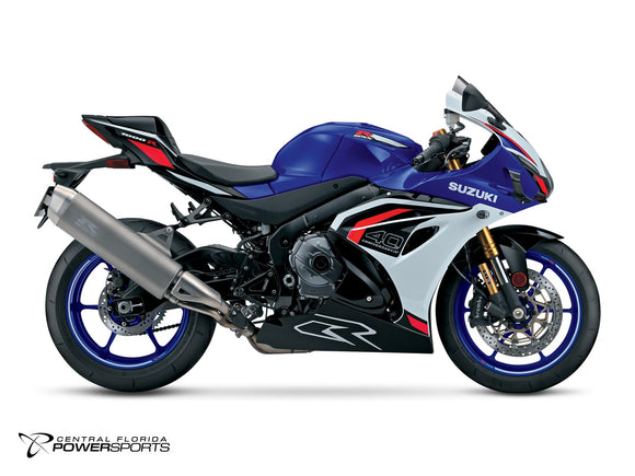 2027 Suzuki GSX-R1000RS 40th Anniversary Edition in Pearl Vigor Blue / Pearl Tech White - side profile studio photo, facing right