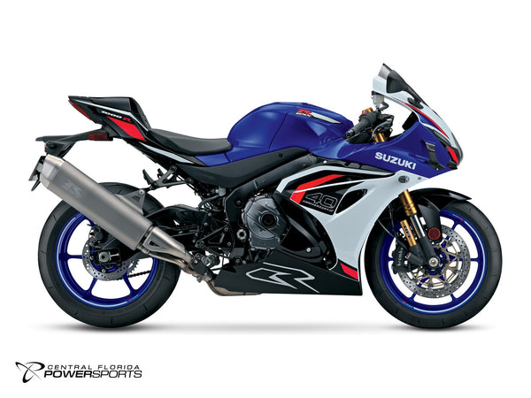 2027 Suzuki GSX-R1000RS 40th Anniversary Edition in Pearl Vigor Blue / Pearl Tech White - side profile studio photo, facing right
