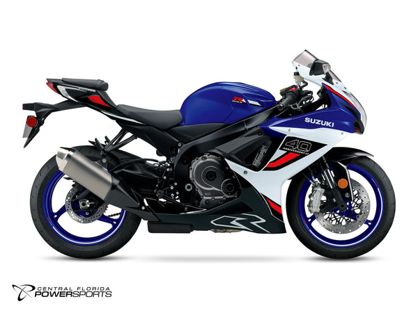 2027 Suzuki GSX-R600Z 40th Anniversary Edition in Pearl Vigor Blue / Pearl Tech White - side profile studio photo, facing right