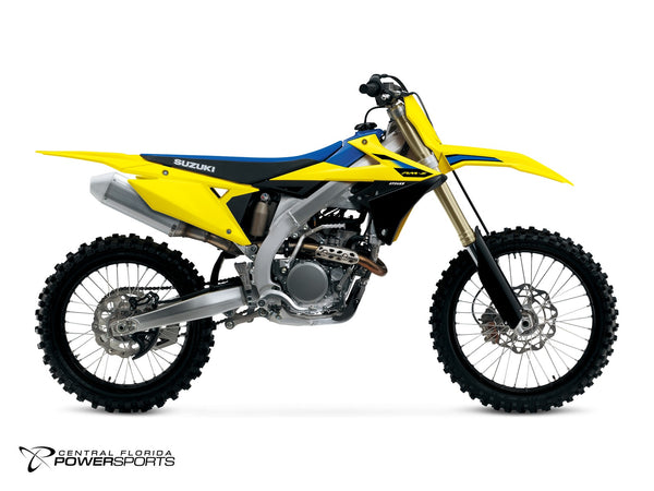 2027 Suzuki RM-Z250 in Champion Yellow No. 2 - side profile studio photo, facing right