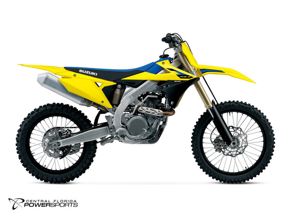 2027 Suzuki RM-Z450 in Champion Yellow No. 2 - side profile studio photo, facing right