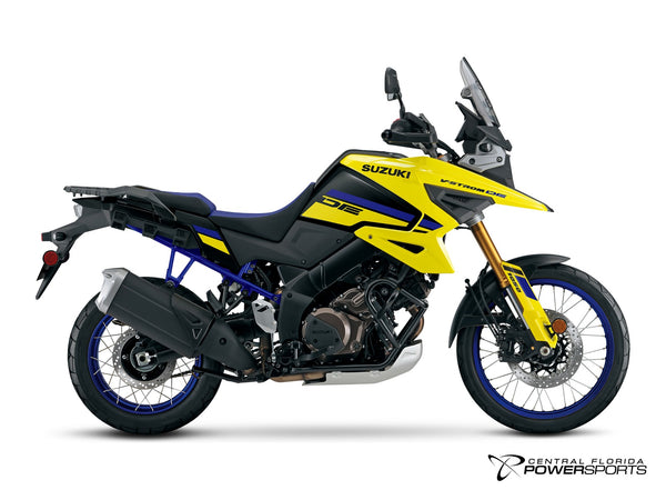 2027 Suzuki V-Strom 1050DE in Champion Yellow No.2 / Glass Sparkle Black - side profile studio photo, facing right