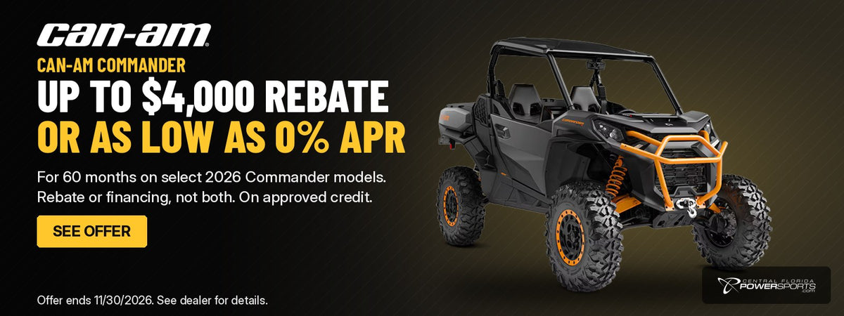 2026 Can-Am Commander XT-P side-by-side: up to $4,000 rebate or as low as 0% APR financing for 60 months on select 2026 Commander models, rebate or financing, not both. Offer ends 11/30/2026.