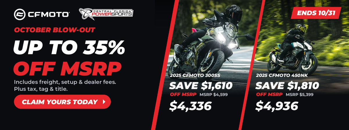CFMOTO October Blow-Out: up to 35% off MSRP, 2025 300SS and 450NK, ends 10/31