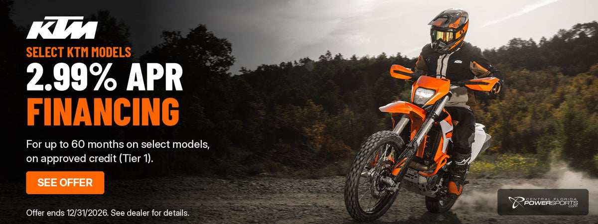 KTM 690 Enduro R rider on a gravel trail: 2.99% APR financing for up to 60 months on select KTM models. Offer ends 12/31/2026.