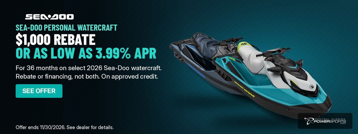 2026 Sea-Doo GTX and GTI SE personal watercraft: $1,000 rebate or as low as 3.99% APR financing on select 2026 Sea-Doo watercraft, rebate or financing, not both. Offer ends 11/30/2026.