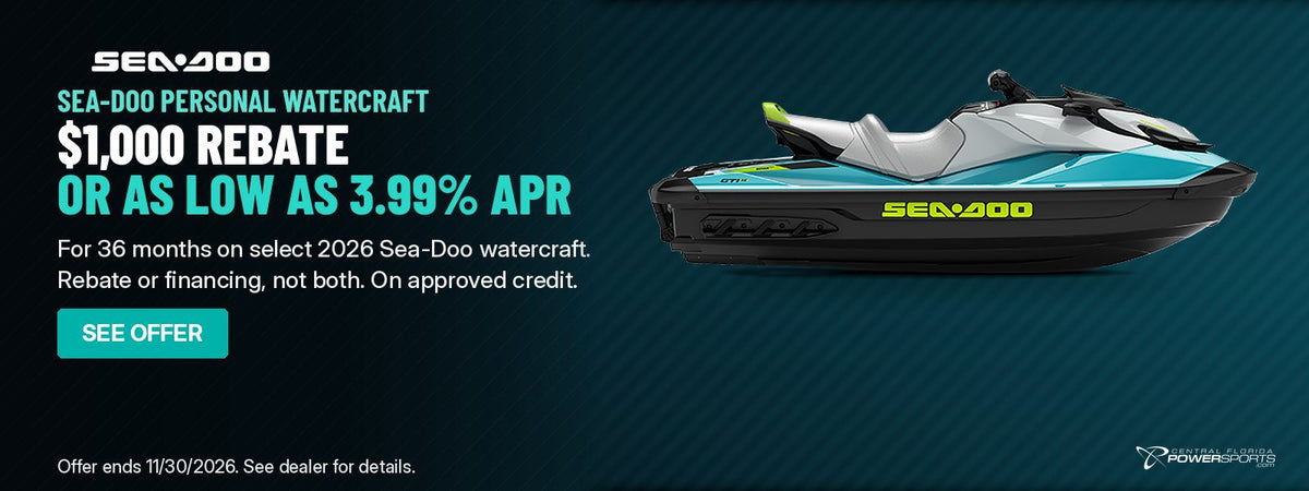 Sea-Doo personal watercraft. $1,000 rebate or as low as 3.99% APR for 36 months on select 2026 models. Rebate or financing, not both. Offer ends November 30, 2026.
