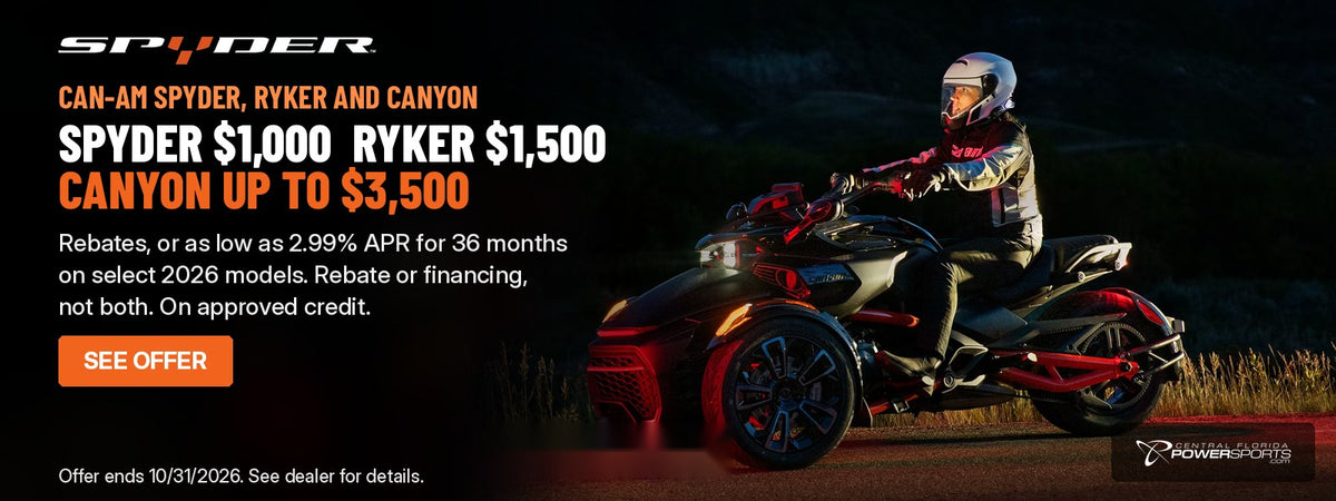 Can-Am Spyder F3 three-wheel motorcycle riding at dusk: rebates of $1,000 on Spyder, $1,500 on Ryker and up to $3,500 on Canyon, or as low as 2.99% APR financing on select 2026 models. Offer ends 10/31/2026.