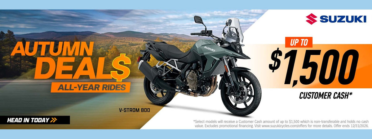 Autumn Deals, All-Year Rides: up to $1,500 Customer Cash on select V-STROM 800 models. Offer ends 12/31/2026. See dealer for details.