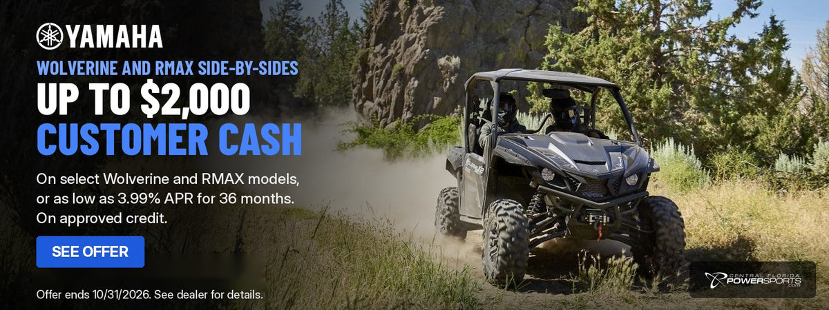 Yamaha Wolverine X2 1000 XT-R side-by-side on a dirt trail: up to $2,000 customer cash on select Wolverine and RMAX models, or as low as 3.99% APR financing for 36 months. Offer ends 10/31/2026.